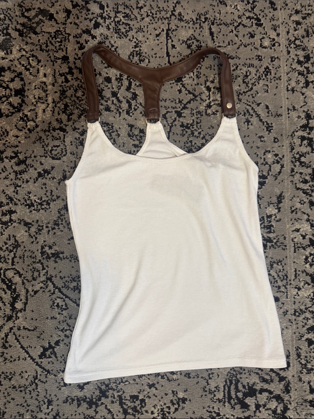 White Harness Tank with Brown Faux-Leather Racerback